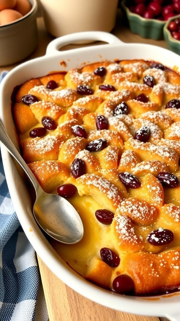 A 9x13 dish of bread pudding with raisins, dusted with powdered sugar, on a kitchen counter.